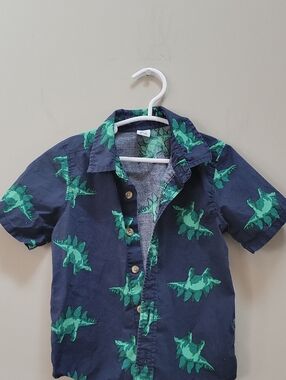 Old Navy Navy Button-Down Shirt with Green Dinosaur Print